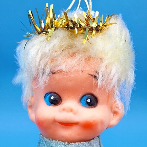 Vintage 1950s Napco Pixie Angel Elf Hugger Ornament Japan Green Felt Gold Halo - Picture 3 of 10